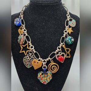 Chico’s charm necklace heart stars Art glass lock Silver Tone Adjustable 17"-21"